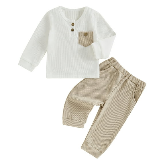 Musuos Baby Boy 2Pcs Fall Outfits 0-3 Years Long Sleeve Pocket Henley Pullover   Long Pants Set Spring Casual Clothes