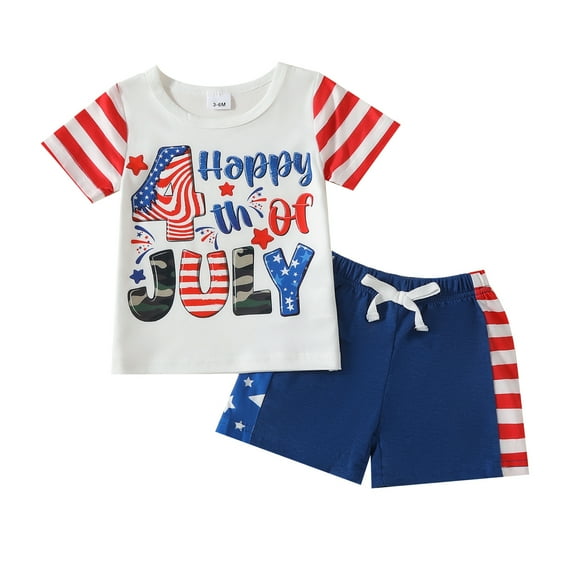 Musuos Baby Boy 4th of July Outfits 3 6 12 18 24M 3Y Striped Short Sleeve Letter Print Tops   Drawstring Shorts Set Toddler Summer Clothes