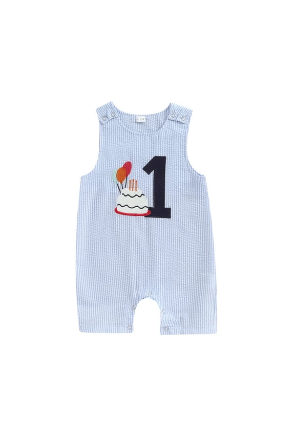 Baby Boy First Birthday Jumpsuit, Embroidery Cake Striped Overalls Summer Clothes for Casual Daily