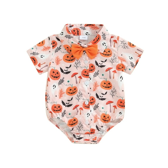 Musuos Baby Boy Halloween Romper 3 6 9 12 18Months PumpkinGhost Print Turn Down Collar Short Sleeve Shirt Jumpsuit Summer Clothes