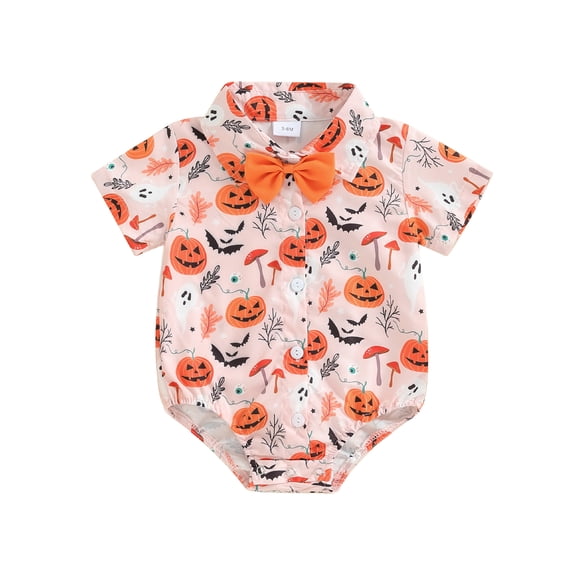 Musuos Baby Boy Halloween Romper 3 6 9 12 18Months PumpkinGhost Print Turn Down Collar Short Sleeve Shirt Jumpsuit Summer Clothes