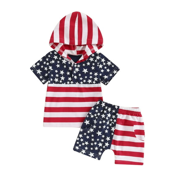 Musuos Baby Boy Independence Day Clothes 6 12 18 24M 3 4Y Short Sleeve Stars Stripes Print Hoodie   Elastic Shorts Set Summer Outfits for Toddler