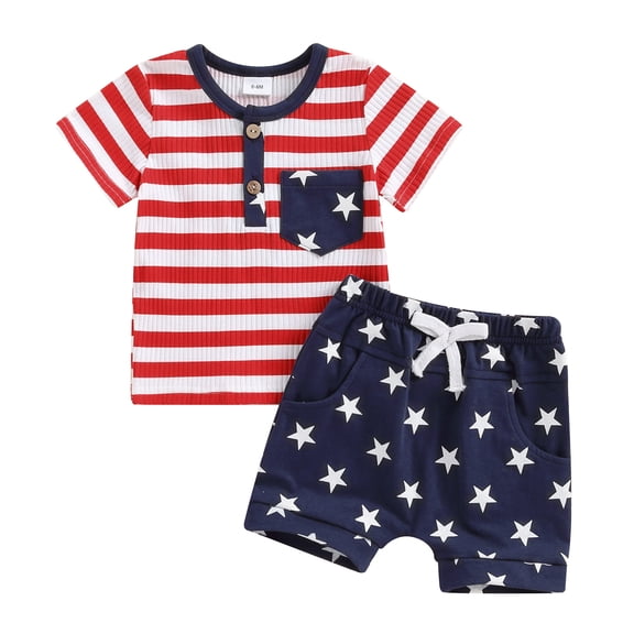 Musuos Baby Boy Independence Day Set, 0-3 Years Striped Short Sleeve T-Shirts Elastic Waist Star Print Shorts Toddler 4th of July Summer Outfits