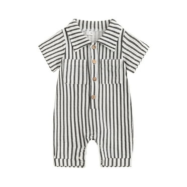 Musuos Baby Boy Striped Jumpsuit 0-18M Double Pockets Lapel Neck Short Sleeve Front Single-breasted Hemming Legs Romper