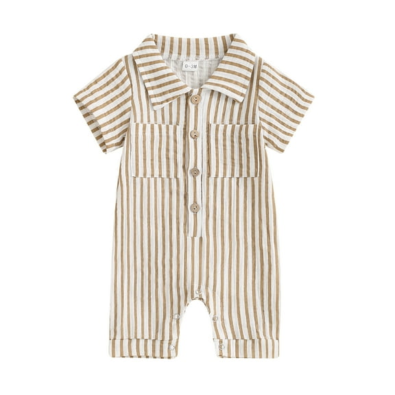Musuos Baby Boy Striped Jumpsuit 0-18M Double Pockets Lapel Neck Short Sleeve Front Single-breasted Hemming Legs Romper