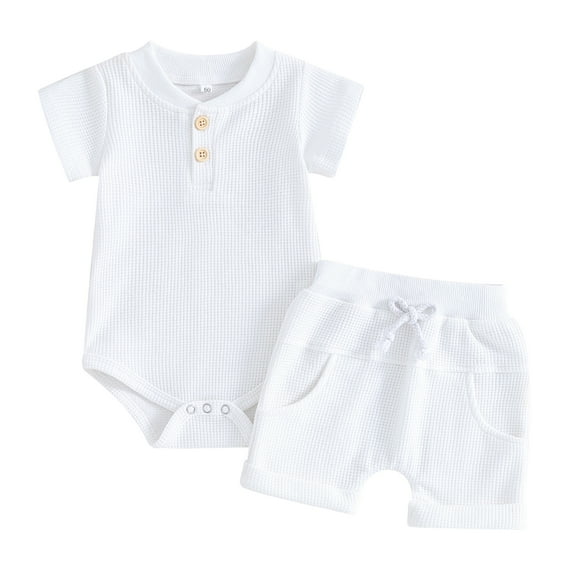 Musuos Baby Boy Summer Clothes 3 6 9 12M Solid Color Waffle Short Sleeve Button Romper with Shorts 2Pcs Outfit
