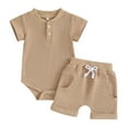thumbnail image 1 of Musuos Baby Boy Summer Clothes 3 6 9 12M Solid Color Waffle Short Sleeve Button Romper with Shorts 2Pcs Outfit, 1 of 10