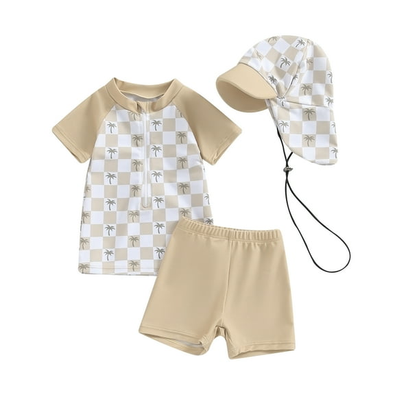 Musuos Baby Boys 3-piece Set, 0-3Years Short Sleeve Shark Tree Print Zipper Top with Elastic Shorts Sun Hat Swimsuit Summer Swimwear
