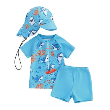 Musuos Baby Boys 3-piece Set, 0-3Years Short Sleeve Shark Tree Print Zipper Top with Elastic Shorts Sun Hat Swimsuit Summer Swimwear
