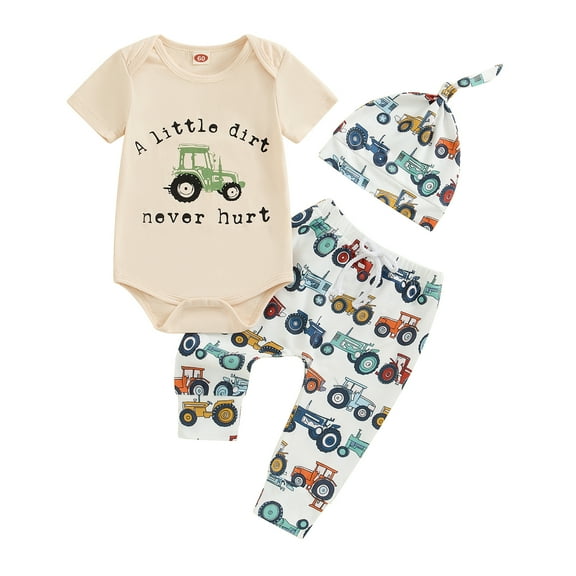 Musuos Baby Boys Basic Summer Outfits 0-18M Letter Tractors Print Crew Neck Short Sleeve Rompers Long Pants Hat 3Pcs Clothes Set
