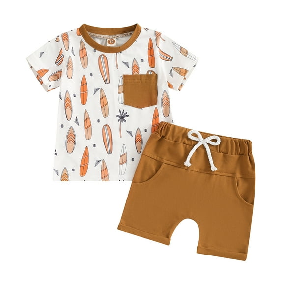 Musuos Baby Boys Casual Shorts Set, 6M 12M 18M 24M 3Y Short Sleeve Surfboard Print T-shirt with Elastic Waist Shorts Summer Outfit