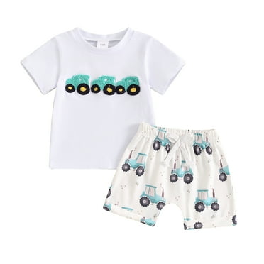 Musuos Baby Boys Casual Summer Outfit 6M 12M 18M 24M 3Y Short Sleeve Tractor Embroidery Tops and Drawstring Shorts Sets