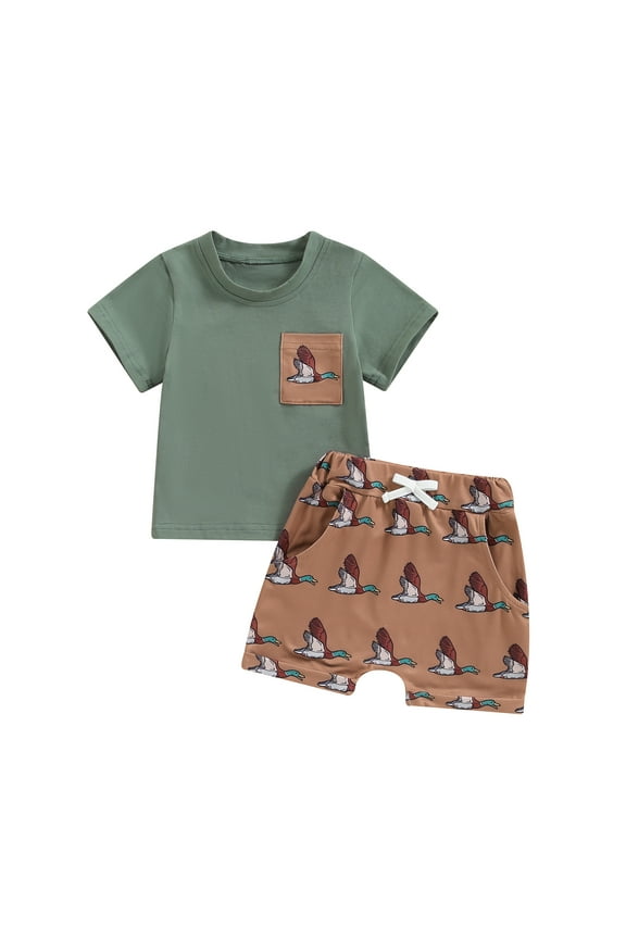 Baby Boys Casual Summer Outfits 0-3Years Duck Print Short Sleeves T-Shirt and Elastic Shorts Toddler Clothes Set