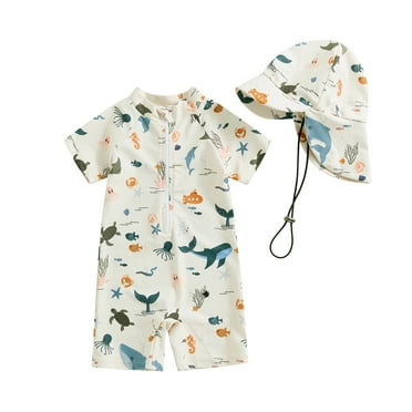 Musuos Baby Boys Cute Swimsuit 3M 6M 12M 2Y 3Y Short Sleeve Crew Neck Cartoon Animal Print Zipper Swimwear with Sun Protection Hat for Toddler