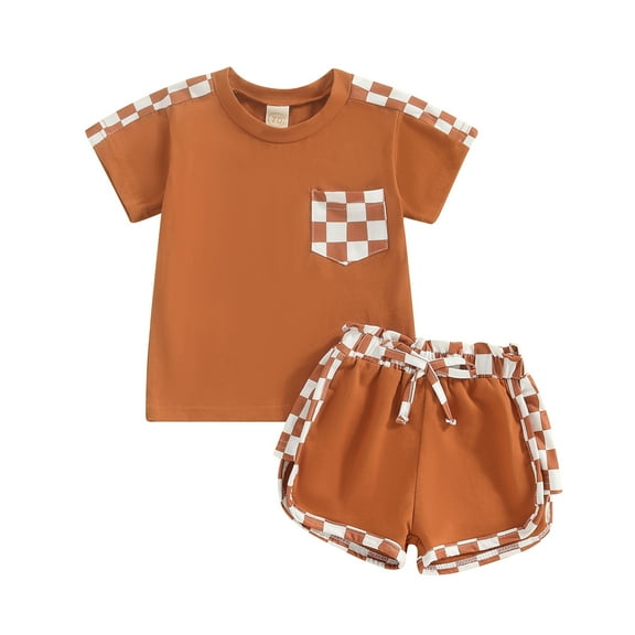 Musuos Baby Boys Girls 2 Piece Outfits 0-3 Years Plaid Patchwork Short Sleeve T-Shirt and Elastic Shorts Set Toddler Summer Clothes