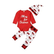 Musuos Baby Boys My First Christmas Long Sleeve Romper Plaid Pants Hat Xmas Outfits