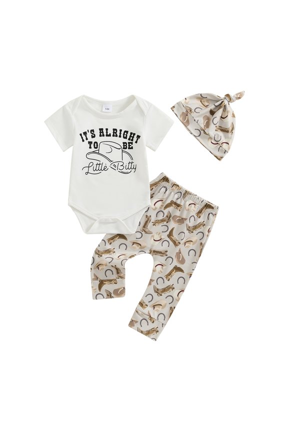 Baby Boys Outfit, 0-18M Letters Print Short Sleeve Romper with Boots Print Pants and Hat Infant Clothes