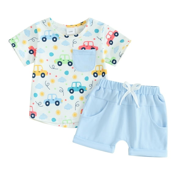 Musuos Baby Boys Shorts Set, 3 6 12 18 24M 3T Short Sleeve Car Print T-shirt with Elastic Waist Shorts Toddler Summer Outfit