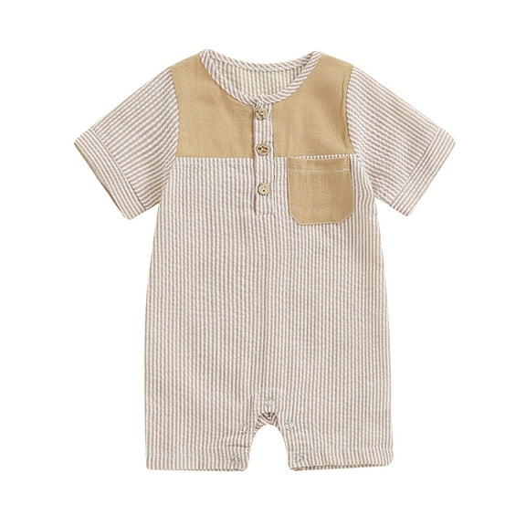 Musuos Baby Boys Summer Button Romper 3 6 12 18Months Short Sleeve Crew Neck Stripe Print Jumpsuit with Pocket