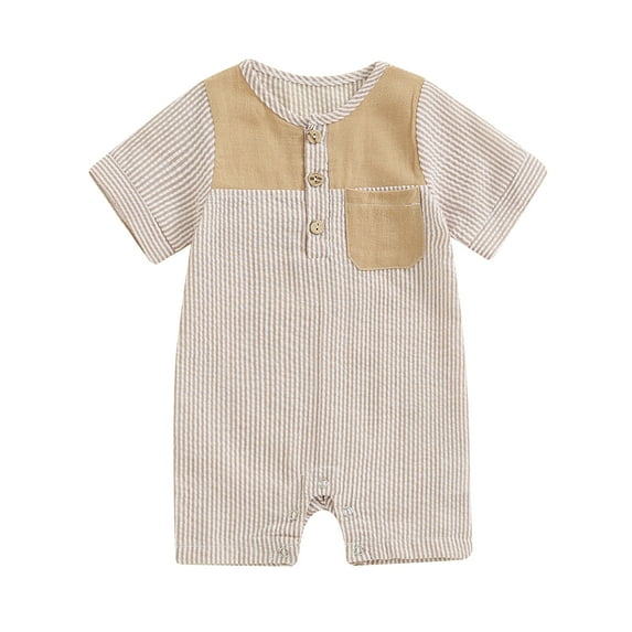 Musuos Baby Boys Summer Button Romper 3 6 12 18Months Short Sleeve Crew Neck Stripe Print Jumpsuit with Pocket