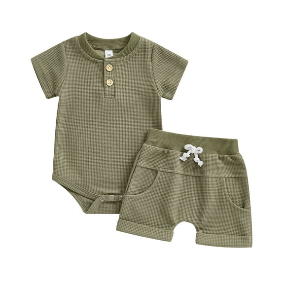 Musuos Baby Boys Summer Casual Shorts Sets 3M 6M 9M 12M Solid Color Short Sleeve Button Up Waffle Romper and Drawstring Shorts Sets