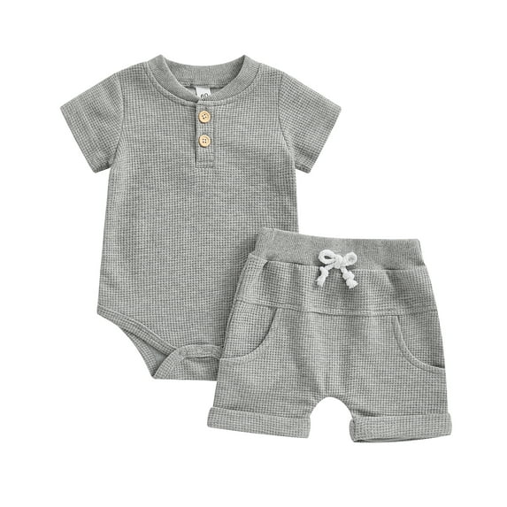 Musuos Baby Boys Summer Casual Shorts Sets 3M 6M 9M 12M Solid Color Short Sleeve Button Up Waffle Romper and Drawstring Shorts Sets