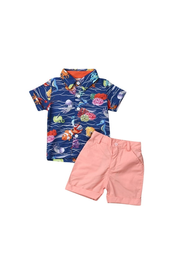 Baby Boys Summer Clothes Set Short Sleeve Lapel Ocean World Fish Print Shirt+Solid Color Shorts Kids 2Pcs Casual Outfits