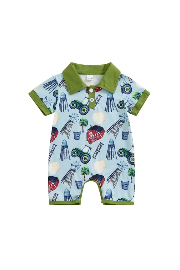 Baby Boys Summer Cute Romper 3M 6M 12M 18M Short Sleeve Button Lapel Western Elements Print Jumpsuit Infant Playsuit