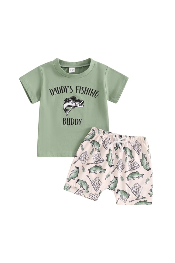 Baby Boys Summer Outfits 6 12 18 24M 3Y Letter Print Short Sleeves T-Shirt and Elastic Fish Print Shorts 2 Piece Clothes Set