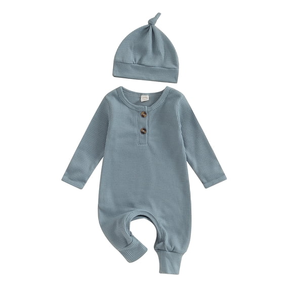 Musuos Baby Boys Waffle Rompers 3 6 12 18M Solid Color Buttons Crew Neck Long Sleeve Infant Jumpsuits with Hat