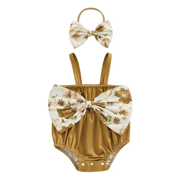 Musuos Baby Girl 2 Piece Set, 3 6 12 18M Square Neck Sleeveless Cami Romper   3D Bow Headband Infant Toddler Outfits