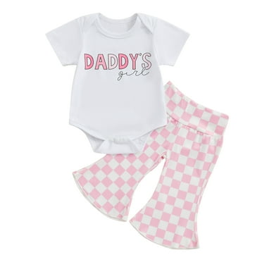 Musuos Baby Girl 2 Piece Set, 6 9 12 18M Short Sleeve Letter Print Romper + Elastic Waist Plaid Flare Pants Summer Outfits