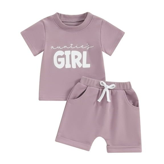 Musuos Baby Girl 2 Piece Summer Outfits 6 12 18 24M 3T Round Neck Letter Print Short Sleeve Tops   Elastic Waist Shorts Infant Toddler Set