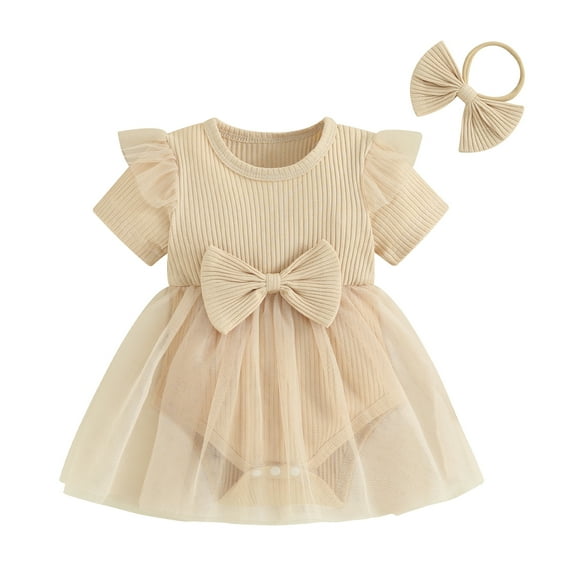Musuos Baby Girl 2 Piece Summer Set, 3 6 12 18M Short Sleeve Round Neck Ribbed Romper Dress + 3D Bow Headband Infant Outfits