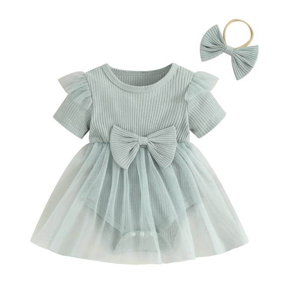 Musuos Baby Girl 2 Piece Summer Set, 3 6 12 18M Short Sleeve Round Neck Ribbed Romper Dress + 3D Bow Headband Infant Outfits