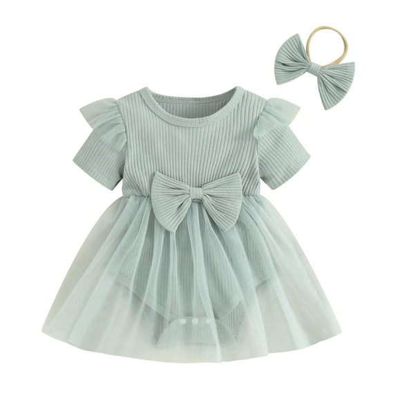 Musuos Baby Girl 2 Piece Summer Set, 3 6 12 18M Short Sleeve Round Neck Ribbed Romper Dress + 3D Bow Headband Infant Outfits