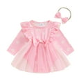 thumbnail image 1 of Musuos Baby Girl 2 Piece Sweet Summer Set, 0-18Months Pink Daisy Print Long Sleeve Ribbed Romper Dress Bow Headband Infant Outfits, 1 of 9