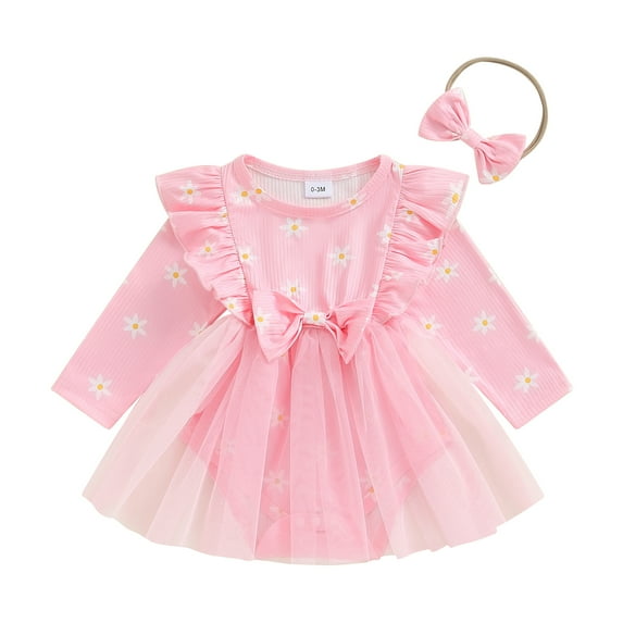 Musuos Baby Girl 2 Piece Sweet Summer Set, 0-18Months Pink Daisy Print Long Sleeve Ribbed Romper Dress Bow Headband Infant Outfits