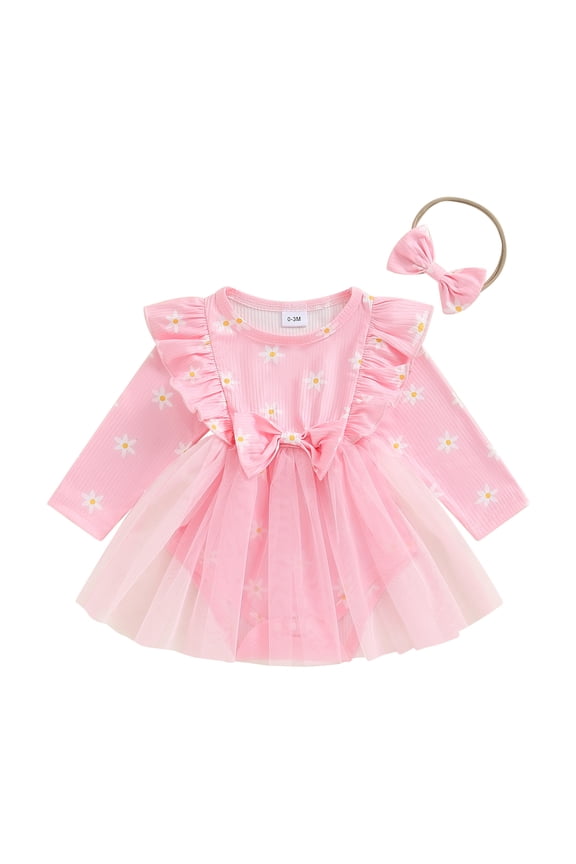 Baby Girl 2 Piece Sweet Summer Set, 0-18Months Pink Daisy Print Long Sleeve Ribbed Romper Dress Bow Headband Infant Outfits