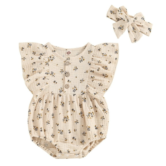 Musuos Baby Girl 2Pcs Cute Summer Outfits 3M 6M 12M 18M Ruffle Sleeve Crew Neck Button Front Romper with Headband Set