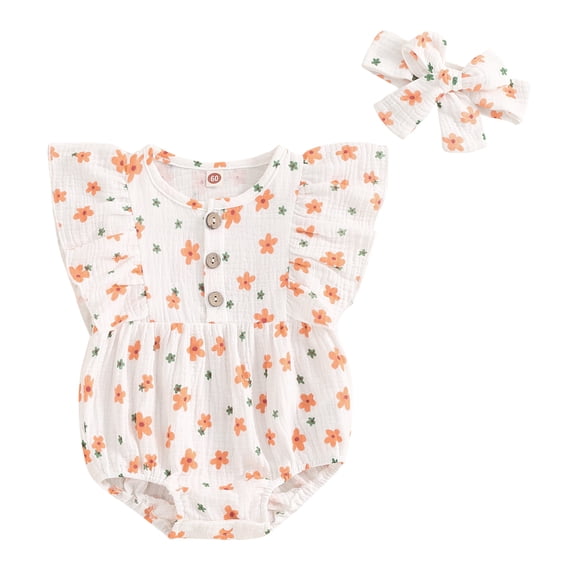 Musuos Baby Girl 2Pcs Cute Summer Outfits 3M 6M 12M 18M Ruffle Sleeve Crew Neck Button Front Romper with Headband Set