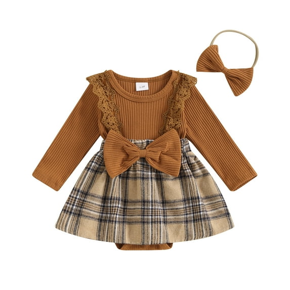 Musuos Baby Girl 2Pcs Fall Outfits 0-18M Long Sleeve Plaid Print Romper Dress with Headband Set Infant Clothes