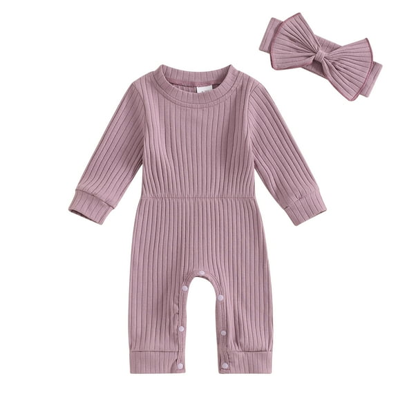 Musuos Baby Girl 2Pcs Fall Outfits 0-18M Long Sleeve Round Neck Ribbed Jumpsuit with Headband Set Newborn Clothes