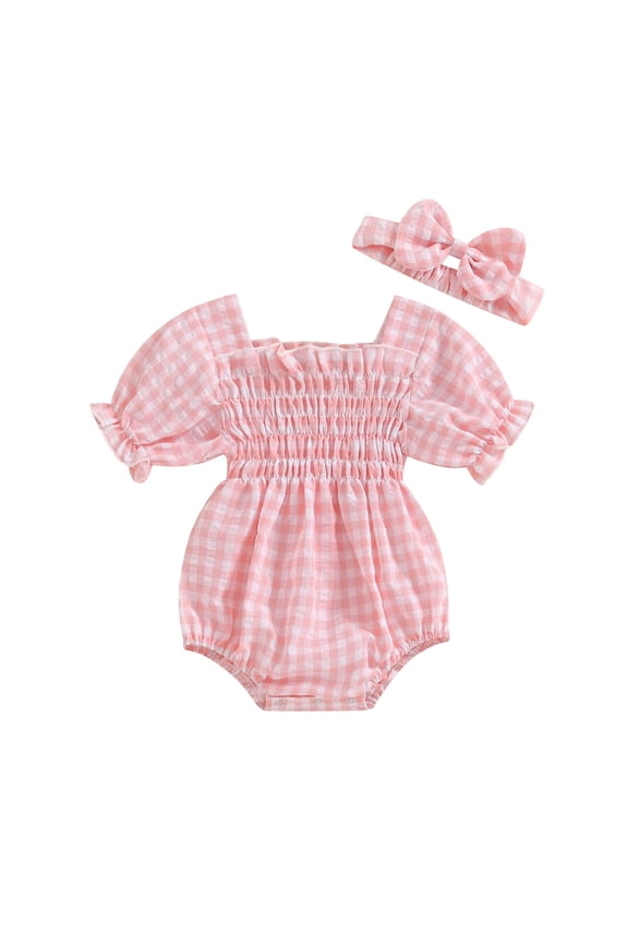 Baby Girl 2Pcs Spring Outfits 3 6 9 12 18M Short Sleeve Plaid Print Smocked Romper with Headband Set