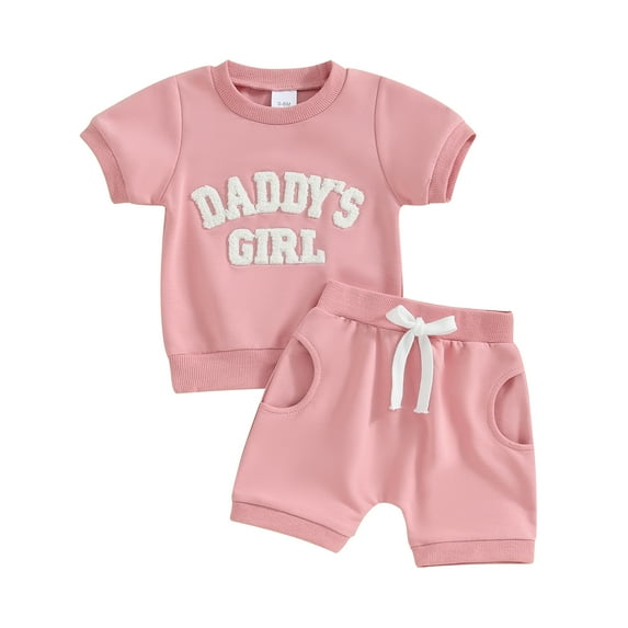 Musuos Baby Girl 2Pcs Spring Outfits 6 12 18 24M 3T Fuzzy Letter Embroidery Short Sleeve Tops + Shorts Set Toddler Clothes