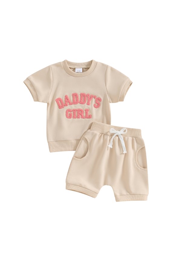 Baby Girl 2Pcs Spring Outfits 6 12 18 24M 3T Fuzzy Letter Embroidery Short Sleeve Tops + Shorts Set Toddler Clothes