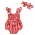 thumbnail image 1 of Musuos Baby Girl 2Pcs Summer Outfits 0-18Months Fly Sleeve Plaid Print Smocked Romper with Headband Set Newborn Clothes, 1 of 10