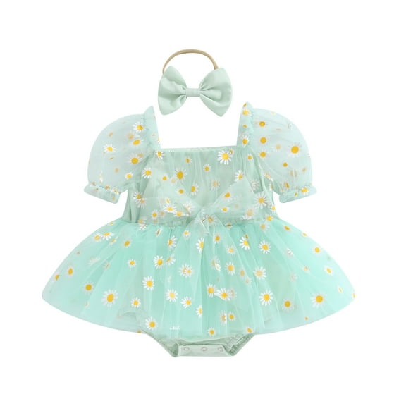 Musuos Baby Girl 2Pcs Summer Outfits 3 6 12 18M Short Puff Sleeve Daisy Print Romper Tulle Dress with Headband Set