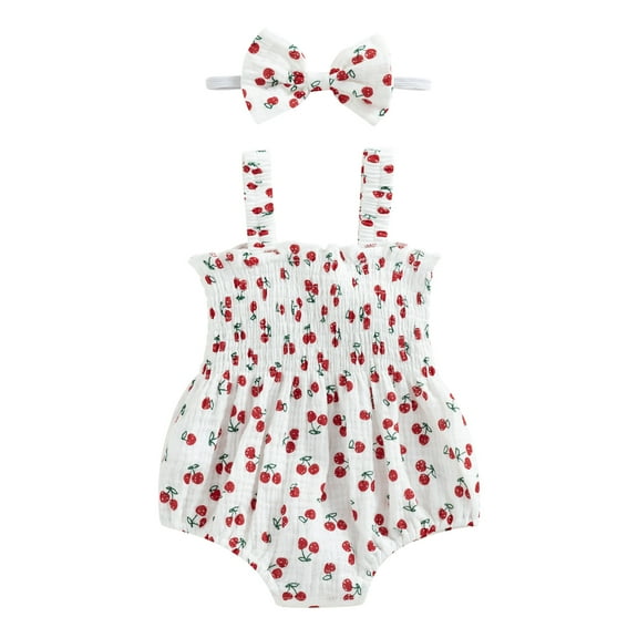 Musuos Baby Girl 2Pcs Summer Outfits, 3 6 12 18M Sleeveless Cherry/Carrot/Tree Print Romper with Headband