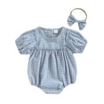 thumbnail image 1 of Musuos Baby Girl 2Pcs Summer Outfits, 3M 6M 12M 18M Short Puff Sleeve Plaid Print Romper with Bow Headband Set Cute Clothing, 1 of 10